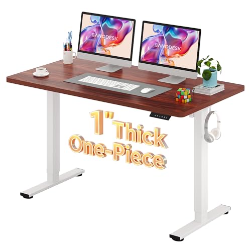 Image of SANODESK Electric Standing Desk 55 x 28 Inches Whole-Piece Desktop Height Adjustable Stand Up Desk w /6-Button Controller Ergonomic Computer Desk for Home Office, White Frame + Mahogany Tabletop