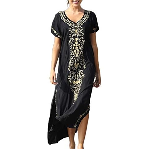 AILUNSNIKA Women Embroidered Long Beach Kaftan Dress V Neck Side Slit Swimsuit Cover Ups Swimwear Caftans Black Cover