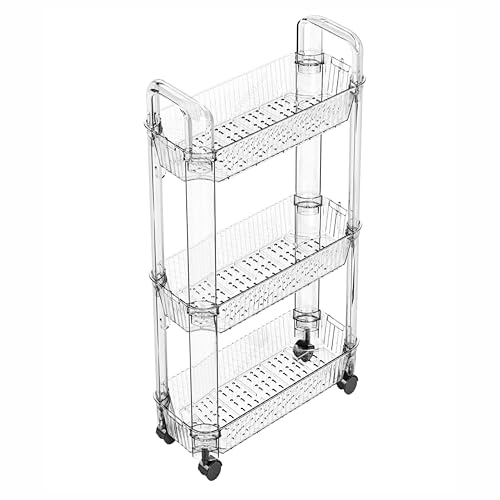 Yieach 3 Tier Rolling Cart with Wheels,Clear Narrow Bathroom Rack Organizer,Slim Storage Cart,Three...