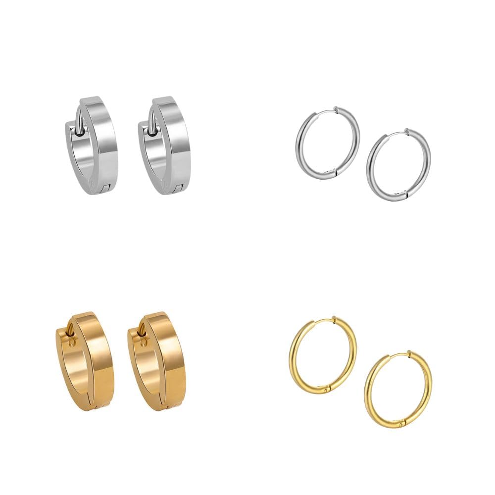 LLIMAMIA PENDIENTES DE ARO - Pack 4 pares de pendientes de aro de acero inoxidable - Aretes para hombre y mujer - Pendientes de aro dorados y plateados - aros pequeños.