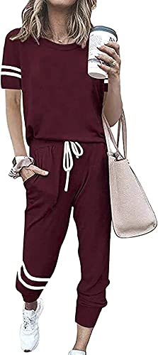 Image of PRETTYGARDEN Women's Two Piece Outfits Striped Short Sleeve Pullover and Long Pants Tracksuit Pajama Lounge Jogger Sets