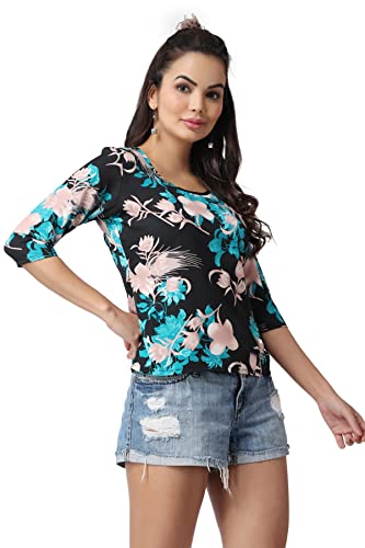 Image of POPWINGS Casual Printed Puff Sleeves Round Neck Top for Women || Stylish Summer Tops for Women || Hip-Length Women Top