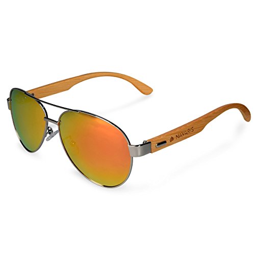 Preisvergleich Produktbild Navaris Fliegerbrille Piloten Sonnenbrille polarisiert - UV400 Holz Pilotenbrille - Unisex Brille mit Bambus Bügeln - Holzbrille div. Farben