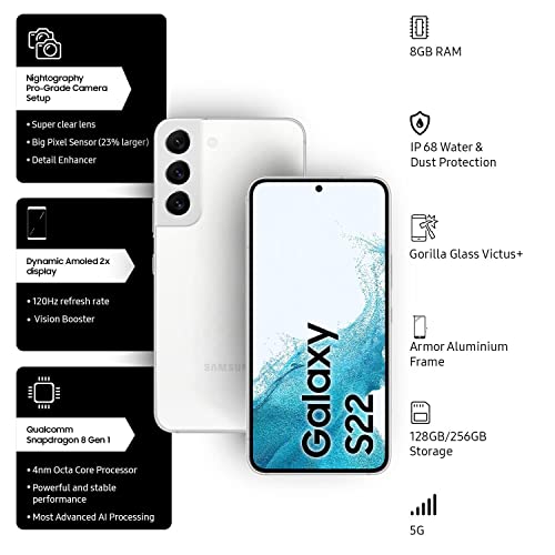 Image of Samsung Galaxy S22 5G (Phantom White, 8GB, 128GB Storage) Without Offer