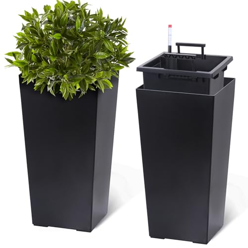 BouPower 22.5" Tall Planters for Outdoor Plants Set of 2 – High Front Porch Planter with Water Level Monitor, Drainage Holes, Inner Bucket – Ideal