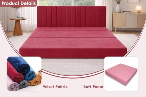 Image of Rosebell -3 Seater Upholstered Armless Sofa Cum Bed with Backrest | Velvet Fabric Finish | Modern Living Room & Bedroom -Red