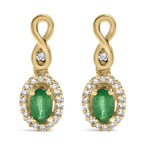10K Yellow Gold Oval Cut Green Emerald 5x3 mm and 1/7 Cttw Round Diamond Dangle Earrings