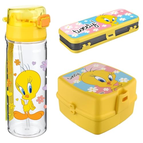 Sızdırmaz Suluk ve çok bölmeli Beslenme Kutusu ve Kalemlik (tweety), 3'lü okul seti Suluk ve Kare Beslenme Seti ve Kalemlik