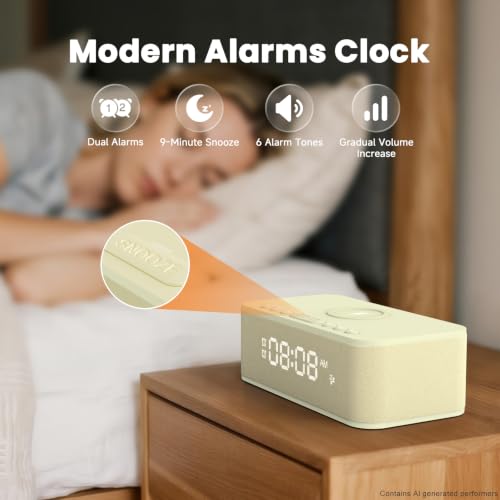 Image of Digital Alarm Clock White Noise, Loud Digital Alarm Clocks Bedrooms, Alarm Clock Speaker Wireless Charger AUX USB Bluetooth Speaker 12 /24H Dual Alarm Snooze Adjustable Brightness, Cream