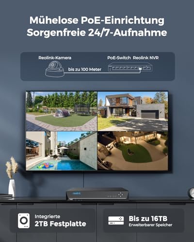Reolink 12MP PoE Überwachungskamera Set mit 4X IK10 vandalensichere Aussenkameras, 145° Weitwinkel, Farbnachtsicht, Personen-/Fahrzeug-/Tiererkennung, 2-Wege-Audio, 8CH NVR mit 2TB HDD, RLK8-1200V4