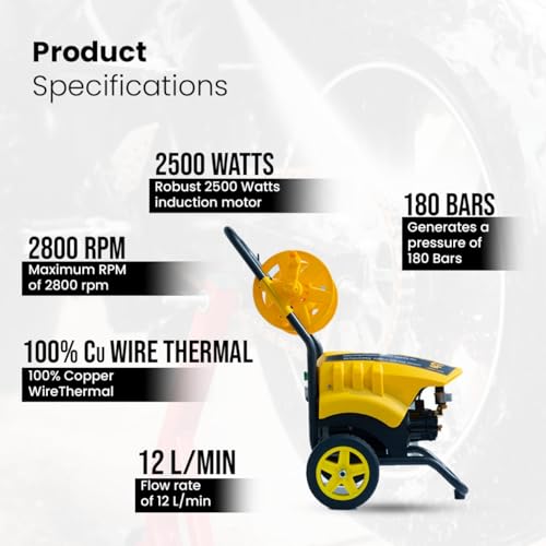 Image of SPEED FLOW High Pressure Washer 2500W, 180 Bar, 12LPM Flow, Adjustable Pressure, Induction Motor, 12M Hose, Foam Bottle, 4 Nozzle Set, Double Wheel Trolley for Car, Bike, Home & Truck Cleaning