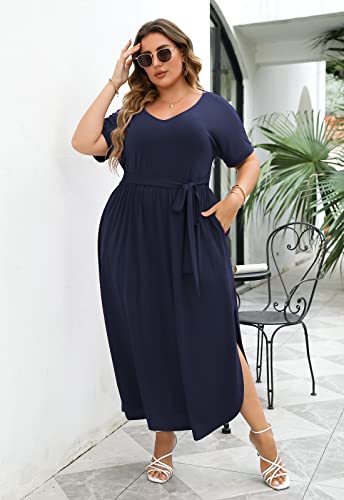 Image of Nemidor Womens Casual Plus Size Tie Waist Slit Long Maxi Dress with Pockets NEM313