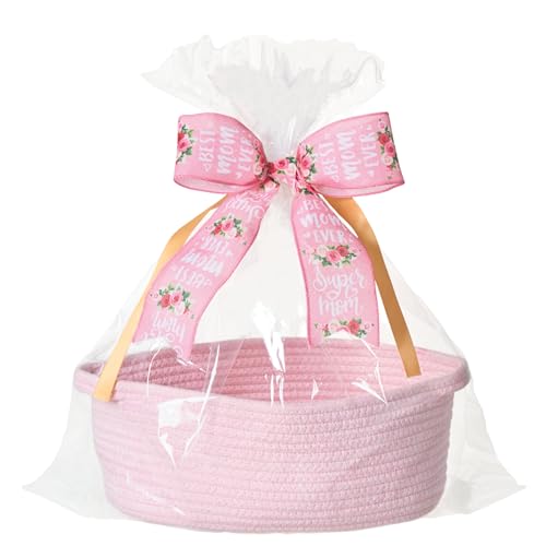Image of Small Woven Gift Basket Empty with Bag & Ribbon, Storage Basket for Father's Day for Dad, Baby Shower, Raffle, Birthday, Cute Organizer with Handles, 12 inchx8 inchx5 inch, Pink /Pink Floral