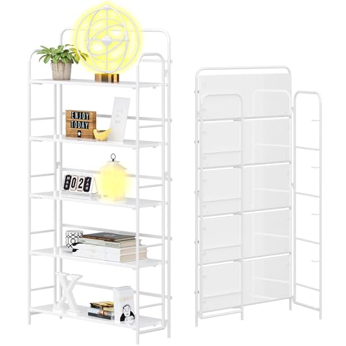 Image of 4NM No Assembly Folding Bookshelf, 5 Tiers Collapsible Book Shelves Open Industrial Foldable Storage Bookcase Shelf for Bedroom, Living Room, Home Office - All White