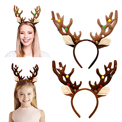 Hushuwan 驯鹿鹿角头带圣诞头带 2 件驯鹿耳朵头饰鹿角头带带铃铛圣诞鹿角头带驯鹿鹿角发箍圣诞装饰520