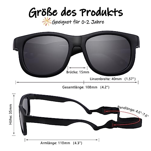 LOJUDI Baby Sonnenbrille Polarisierte Weicher Silikonrahmen Flexibler Riemen mit UV400 Schutz für Baby 0-24 Monate(Schwarz/Grau)