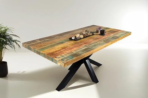 SAM Esstisch 160 x 85 cm Libro, Mangoholz massiv, lackiert & bunt, Esszimmertisch mit Spider-Metallgestell in Schwarz, gerade Kante, Shabby Chic SAM Esstisch 160 x 85 cm Libro, Mangoholz massiv, lackiert & bunt, Esszimmertisch mit Spider-Metallgestell in Schwarz, gerade Kante, Shabby Chic