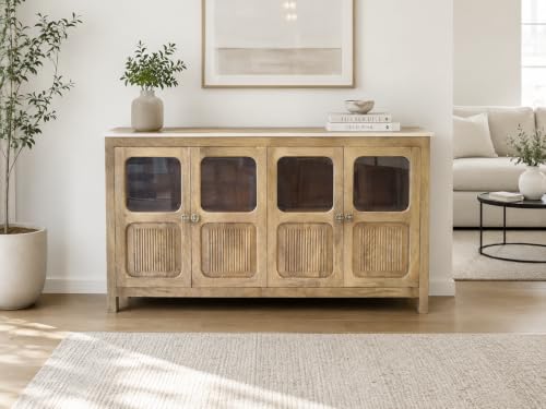 Image of The Attic Crestwood Solid Wood Sideboard Cabinet with Glass Doors | Storage & Display Cabinet for Living Room & Dining Room | Handcrafted Mango Wood, Light Teak Finish