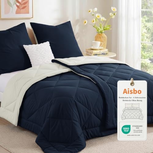 Aisbo Bettdecke ohne Bezug 135x200 Blau, 2 Bettdecken mit 2 Kissenbezügen | Bettdecke 135x200 mit Integriertem Bezug, Waschbar 4 Jahreszeiten Bettdecke, OEKO-TEX, Warm & Gemütlich,