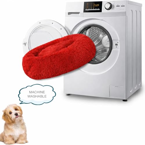 Image of ZEXSAZONE Red Plush Dog Bed Summer - Anti-Anxiety Round Donut Pet Bed with Raised Edges | Soft Faux Fur Calming Bed for Puppies, Cats & Small Dogs | Machine Washable