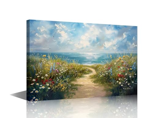 Lienzo de flores silvestres y mar para conectar con la naturaleza en tu despacho