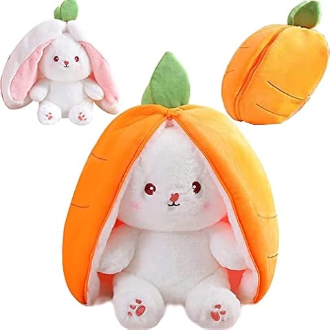 LKMYHY Easter Strawberry Bunny Stuffed Animal Reversible Cute Rabbit Carrot Strawberry Plush Pillow with Zipper, Kawaii Soft Squishy Rabbit Plushie for Boys Girls (15inch, Carrot) Cover