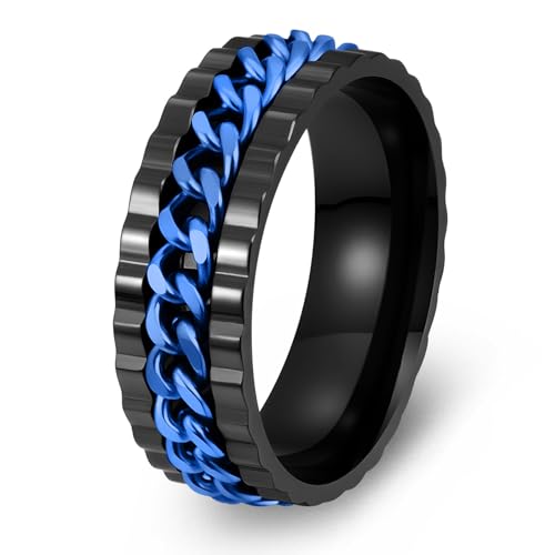 Udolfly Mens Fidget Rings Anxiety Spinner Ring for Men Stress Relief Chain Spin Titanium Ring for Adult Gift for Dad NG Black Blue 10