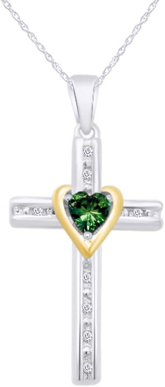 Simulated Green Emerald & Natural Diamond Cross & Heart Two Tone Pendant Necklace in Sterling Silver