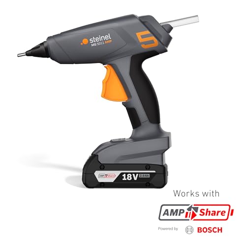 Steinel Akku Heißklebepistole MobileGlue 5011, für 18V Bosch AMPShare Akku, inkl. 3x Heißklebesticks, 2 Temperaturstufen 130°/200°C
