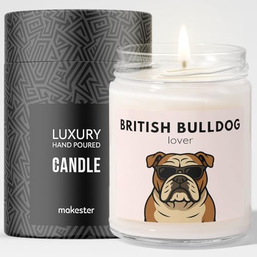 British Bulldog Gifts - Luxury Soy Wax Candle - Vanilla, Jasmine, Sugared Almond - Dogs in Shades - Makester