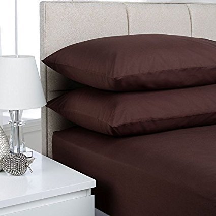 Non-Iron Percale Polycotton Fitted Sheet 16” Extra Deep with FREE Pillowcases (Super King Fitted Sheet & Pillowcase Pair, Chocolate)