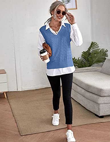 Elesol Womens Vest Top V Neck Sweater 2023 Fall Fashion Cute Casual Cable Knit Sleeveless Vest Loose Fit Oversized Sweaters Pullover Top Blue S #TOP1