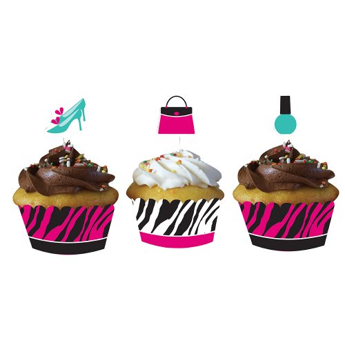 24-Piece Decorative Cupcake Wrappers with Coordinating Topper Decorations, Pink Zebra Boutique