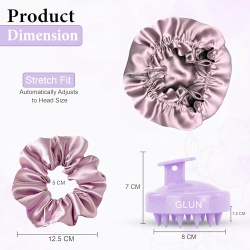 Image of GLUN Anti-Dandruff Round Scalp Massager with Elastic Closing Rose Pink Hair Bonnet Cap with 3 Satin Scrunchies Combo, Bonnet Cap Prevents from Breakage, Ideal for Curly & Natural Hair