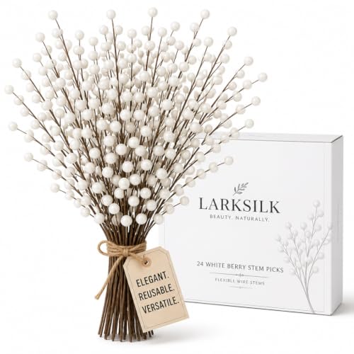 Larksilk 24 White Berry Stem Picks – Decorative Artificial Wire Branch Sprays for Home, Wedding & Holiday Decor