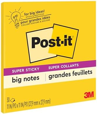 Post-it Super Sticky Big Notes, 11 x 11 Inches, 30 Sheets/Pad, 1 Pad (BN11), Large Bright Yellow Paper, Super Sticking Power, Sticks and Resticks