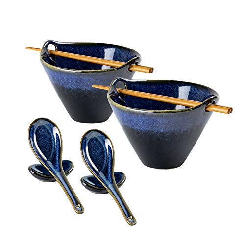 UNICASA Ramen Bowls Porcelain, Soup Bowls Set of 2 x 600 mL with Spoons Forks and Chopsticks