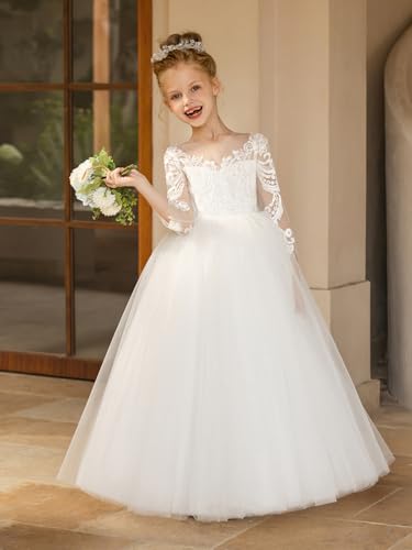 MCieloLuna Flower Girls Lace Tulle Dresses Toddler Kids Wedding Formal Bridesmaid Party First Communion Dress Bow-Knot Back Princess Ball Gowns Ivory 064