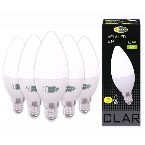 CLAR - Bombilla LED E14 Vela 6W, Vela Led, Bombillas E14 Bombillas Led Casquillo Fino, Bombilla led E14, 6W Luz Fría 6000ºK (Pack 5) Cover