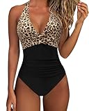 11 Best Swimsuits with Built-in Support for Women Over 50 with Drooping Bust (2026) 7 SUUKSESS Women Sexy Tummy Control One Piece Swimsuits Halter Push Up Monokini Bathing Suits (Black Leopard, L)