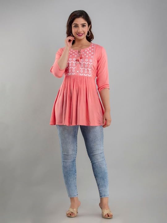 Image of Avayayat Women's Rayon Classic Heavy Embroidery Top with Beautifull Tassels at Front and on Both Sleeves Regular Fit Office Wear Festival Tunic Jeans Summer