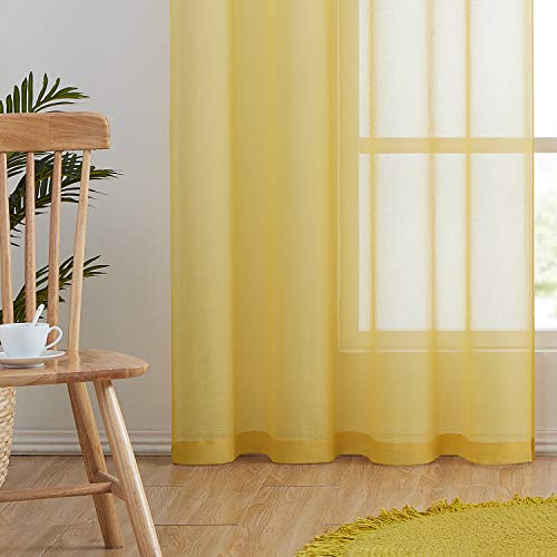 July Joy Semi Linen Look Sheer Curtains For Bedroom, Living Room Grommet Light Filtering Solid Voile Window Curtains, Set Of 2 Panels (52 X 84 Inch, Yellow) #TOP3