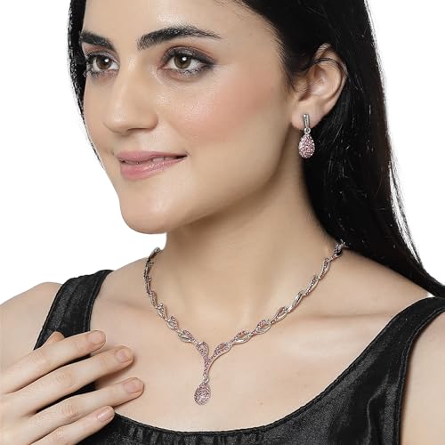 Image of ZENEME Oxidised Silver-Plated Cubic Zirconia Studded Teardrop Shaped Necklace With Earrings Jewellery Set For Girls and Women