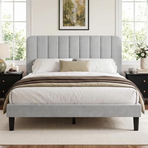 Image of VECELO Queen Size Bed Frame with Upholstered Headboard, Velvet Platform Bedframe Mattress Foundation, Strong Wood Slat Support, No Box Spring Needed,Light Grey