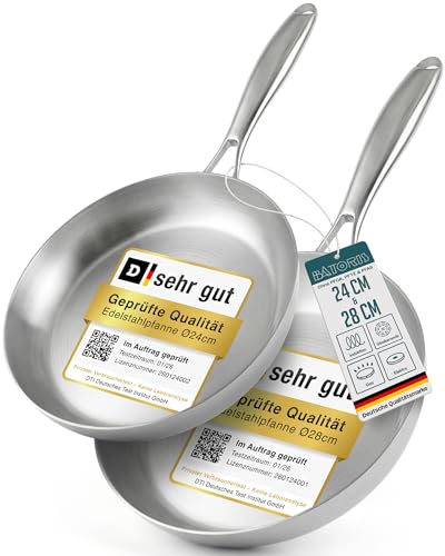 Batoris Set Edelstahlpfanne Unbeschichtet - 2-teiliges Pfannenset 24+28cm - Induktion Profi Bratpfanne ohne Beschichtung - Brat-Universalpfanne frei von PFOA, PTFE & PFAS - Ofenfest