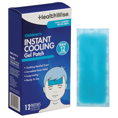 Image of HealthWise Instant Cool Gel Patches | Children’s Forehead Sheets | 12-Count | 4.75” x 2” | Soothing Menthol Vapors | Fever Relief | Non-Medicated Formula