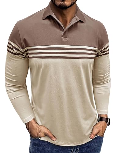 Mens Fashion Polo Shirts Striped Long Sleeve Golf Shirt Casual Collared T-Shirts Lightweight Cotton Tops