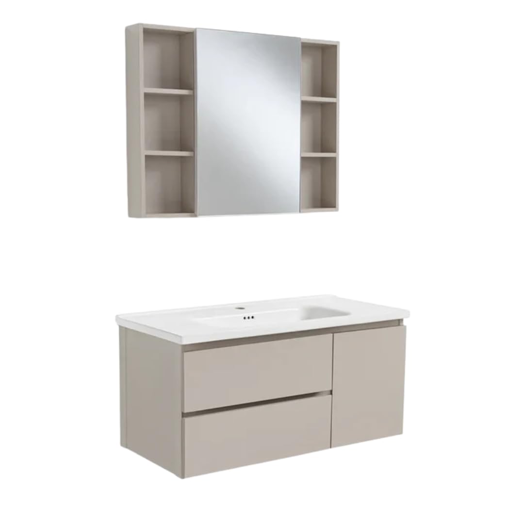 FUTURE HOME Mobile Bagno Sospeso 100 cm in ALLUMINIO – Non si gonfia con l’umidità – Lavabo in Ceramica + Specchio Contenitore – Design Moderno Salvaspazio
