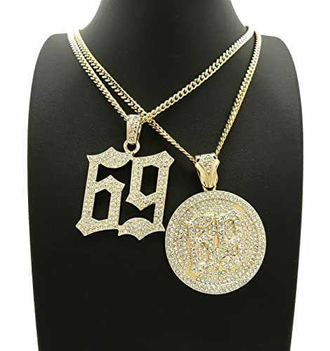 Hip Hop Rapper Style Iced Gold Silver Plated 69 Pendant & 20" 24" Brass Cuban Chain 2 Necklace set2