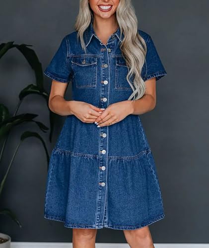 Sexyshine Women's Button Down Denim Babydoll Dress Lapel Collar Short Sleeve Flowy Tiered Ruffle Jeans Midi Dress2